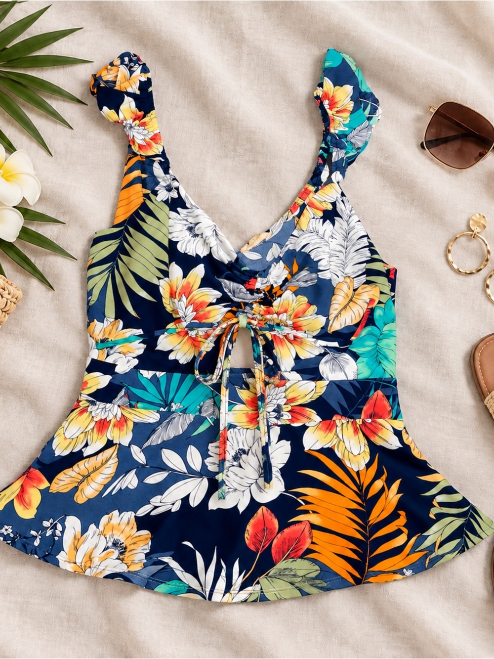 meraki Navy Floral Tie-Front Tank Top